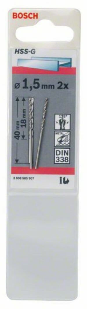 Свредло за метал HSS-G, DIN 338, Ø1,5x18x40, 2бр,2608585907,BOSCH