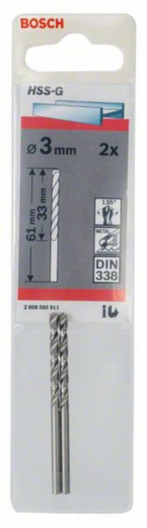 Свредло за метал HSS-G, DIN 338, Ø3x33x61, 2бр,2608585911,BOSCH