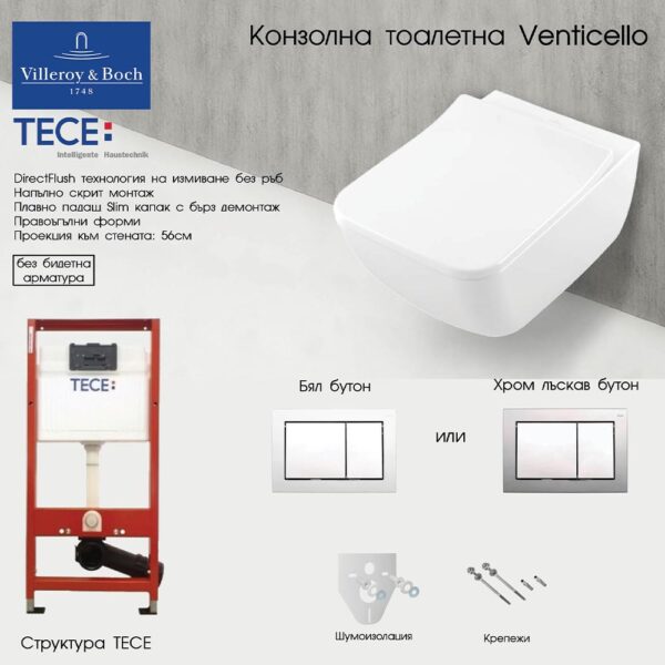 Комплект структура Tece с тоалетна Venticello Villeroy & Boch