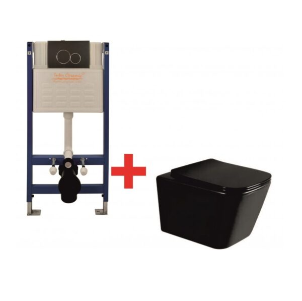 Джия 5в1 Rimless Комплект тоалетна за вграждане Inter Ceramic, черен мат