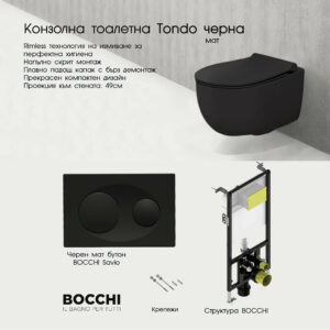 Комплект структура Bocchi с тоалетна Tondo Rimless Slim черен мат
