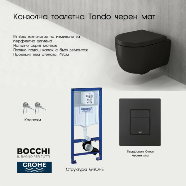 Комплект структура Grohe с тоалетна Tondo Rimless черен мат