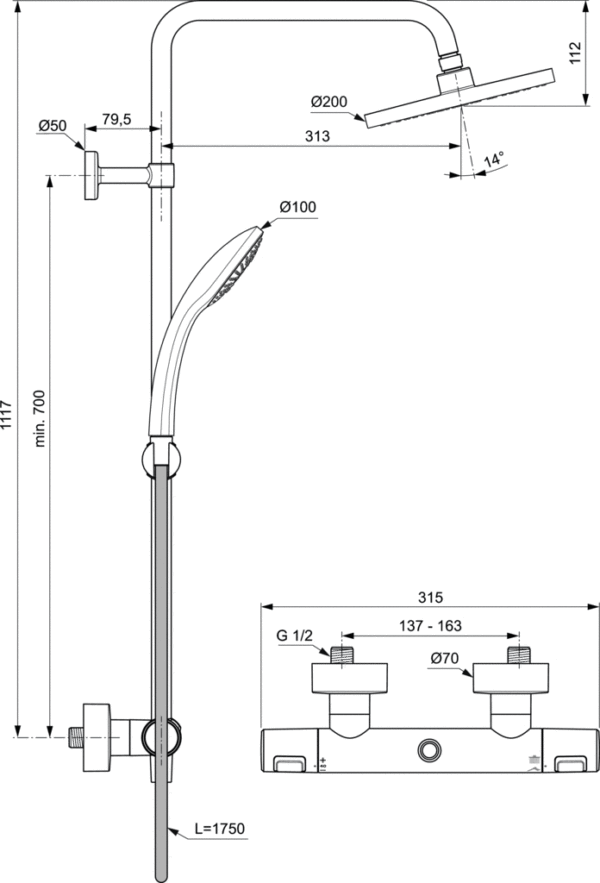 Термостатна душ колона Ceratherm T25 черен мат Ideal Standard