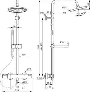 Термостатна душ колона Ceratherm T25 Stick Round черен мат Ideal Standard