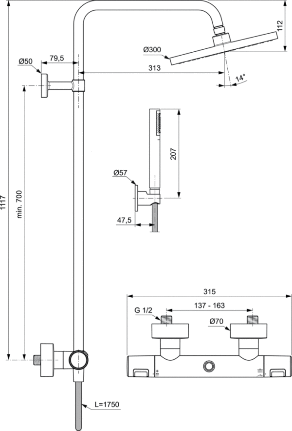 Термостатна душ колона Ceratherm T25 черен мат BC748XG Ideal Standard