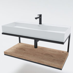 Мебел за баня Quadro с мивка Milano бял гланц с дървен плот 100cm