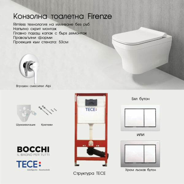 Комплект тоалетна с бидетна арматура Firenze Slim и структура Tece