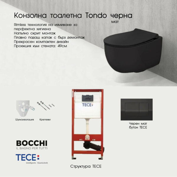 Комплект структура Tece с тоалетна Tondo Rimless Slim черен мат