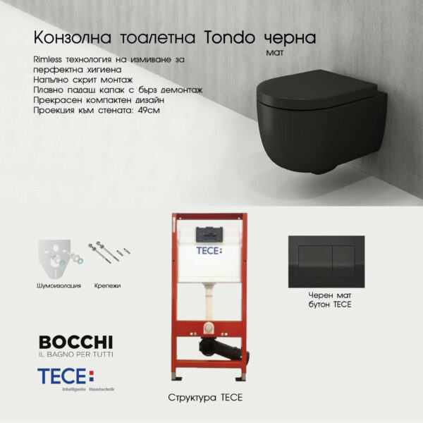 Комплект структура Tece с тоалетна Tondo Rimless черен мат
