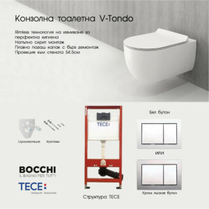 Комплект структура Tece с тоалетна V-Tondo Rimless Slim бял гланц