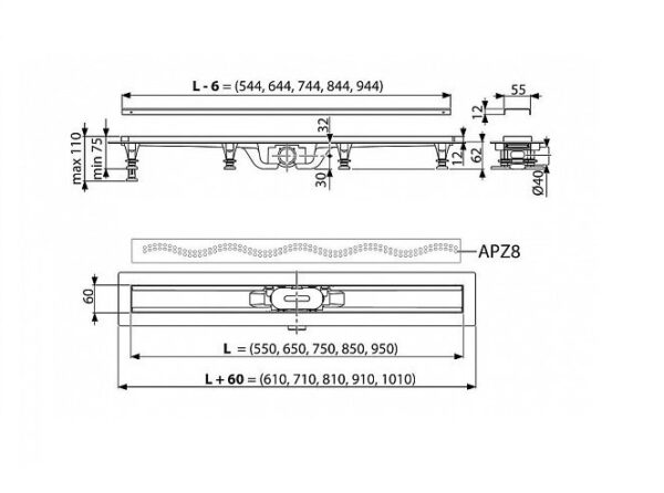 Линеен сифон с метална решетка APZ-8 850mm воден и сух затвор