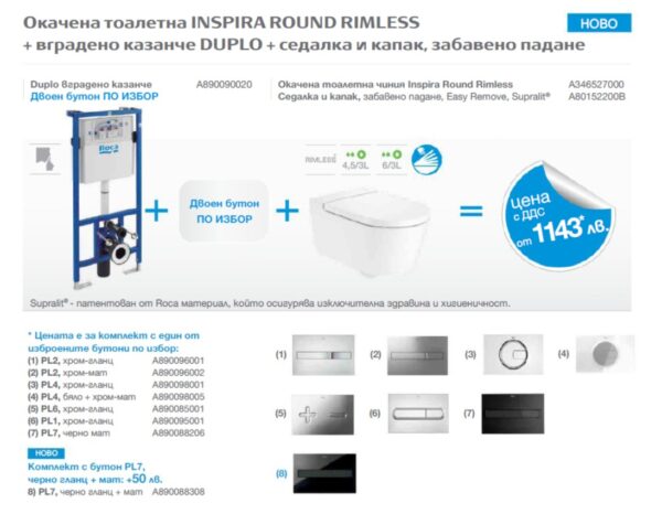Комплект тоалетна за вграждане Inspira Round Rimless Roca