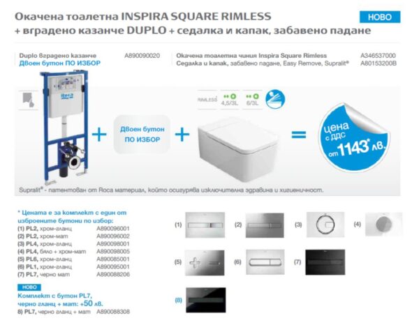 Комплект тоалетна за вграждане Inspira Square Rimless Roca