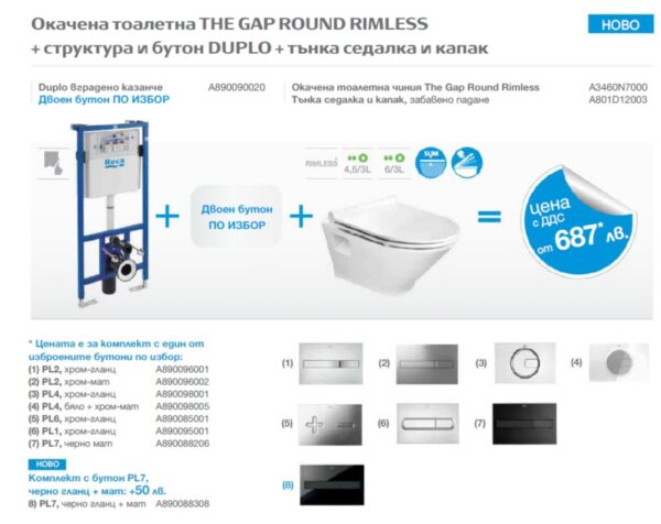 Комплект тоалетна за вграждане The Gap Round Rimless Slim Roca 1