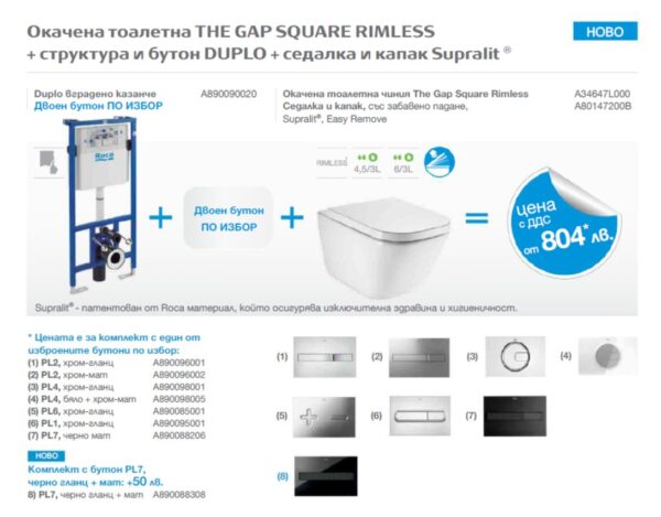 Комплект тоалетна за вграждане The Gap Square Rimless Roca