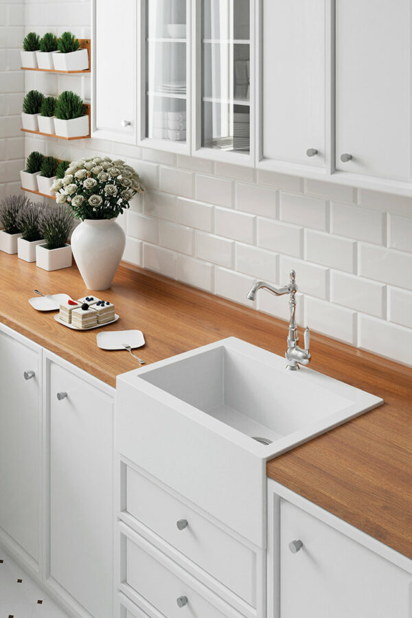 Кухненска гранитна мивка Komodo с клик сифон 58x49cm бялa Laveo