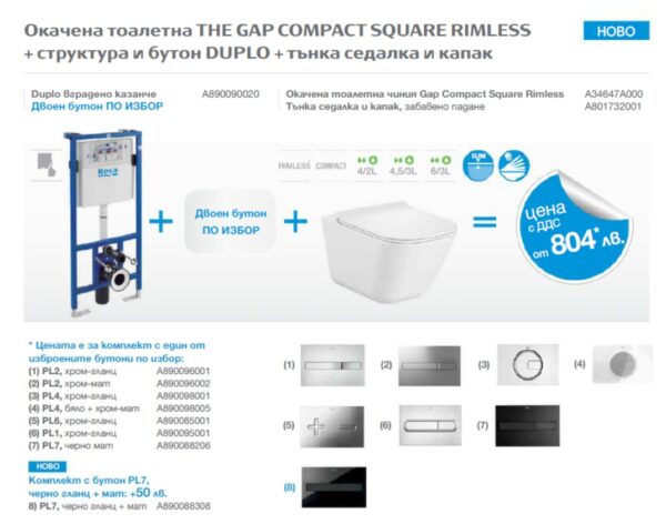 Комплект тоалетна за вграждане The Gap Compact Square Rimless Roca