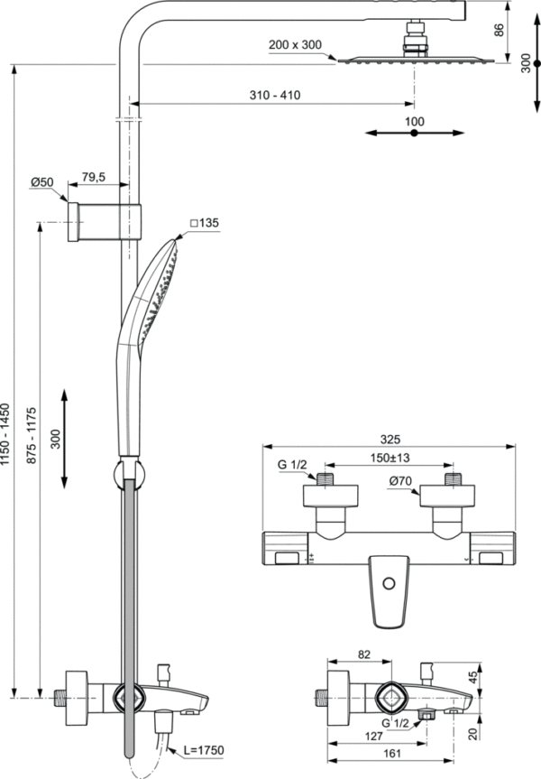 Регулираща се термостатна душ колона Certherm T100 Ideal Standard