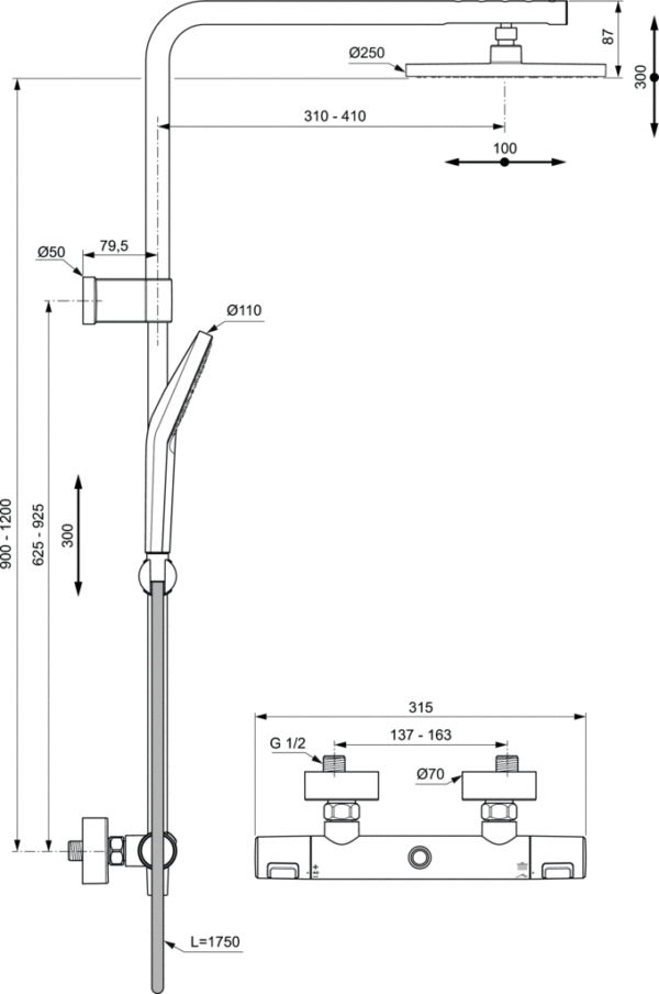 Регулираща се термостатна душ колона Certherm T125 Ideal Standard