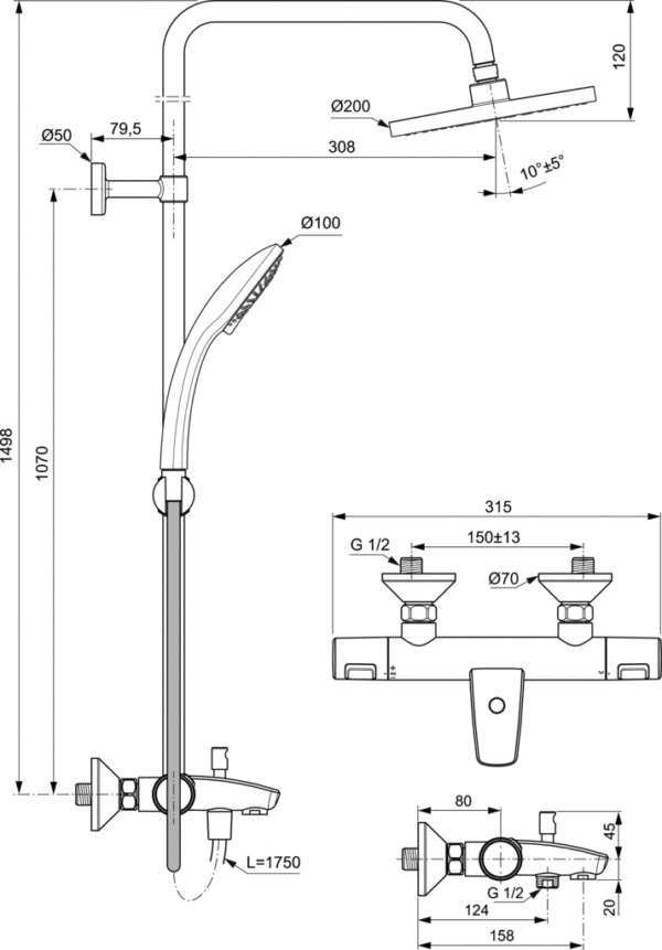 Термостатна душ колона за ванадуш Certherm T25 1498mm Ideal Standard