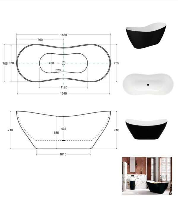Свободно стояща вана 160x70cm Viya B&W черно и бяло Besco