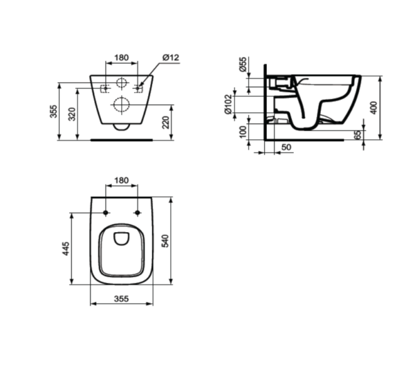 Тоалетна за вграждане I.LIFE B Rimless+ сив гланц Ideal Standard