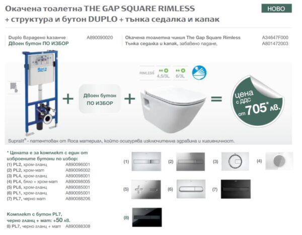 Тоалетна за вграждане The Gap Square Rimless Slim Roca